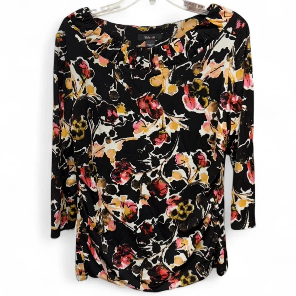 Style & Co. Women's Top Size L Black Floral Ruched 3/4 Sleeve Blouse 100% Nylon - Picture 2 of 7